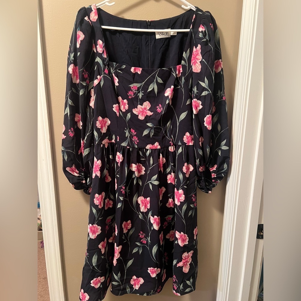 Eliza J Navy Dress with Floral Accents